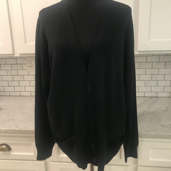 St. John Cardigan Sweater Womens XL Black Button Front V Neck Knit Pockets Long - Picture 1 of 12
